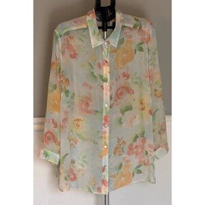 J. Jill Womens Plus Size 3X Sheer Mint Green Floral Button Front Shirt Top